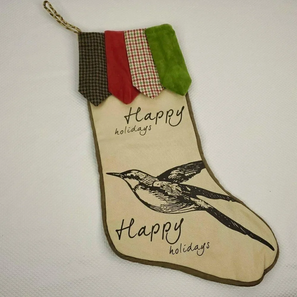 Pier 1 Christmas Stocking Beige Bird Happy Holiday